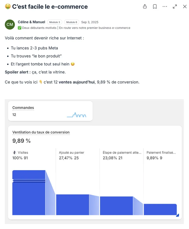 Post de la communauté Ecom Accelerator : résultat partagé par un élève