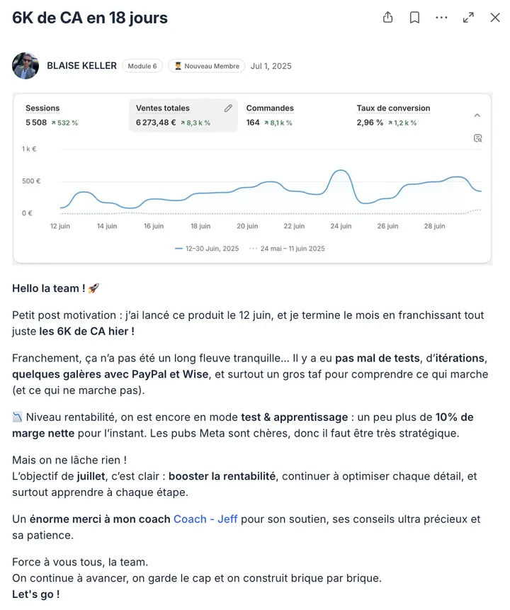 Post de la communauté Ecom Accelerator : résultat partagé par un élève