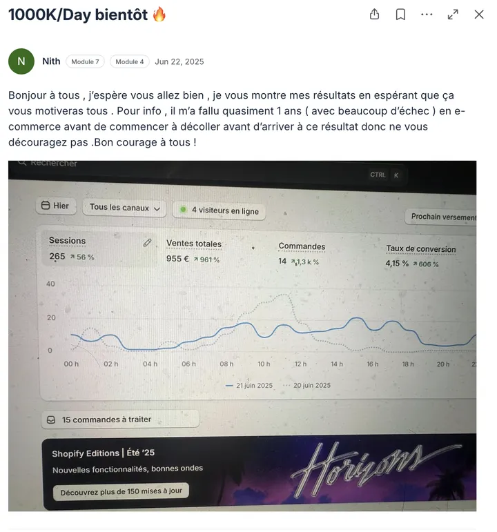 Post de la communauté Ecom Accelerator : résultat partagé par un élève