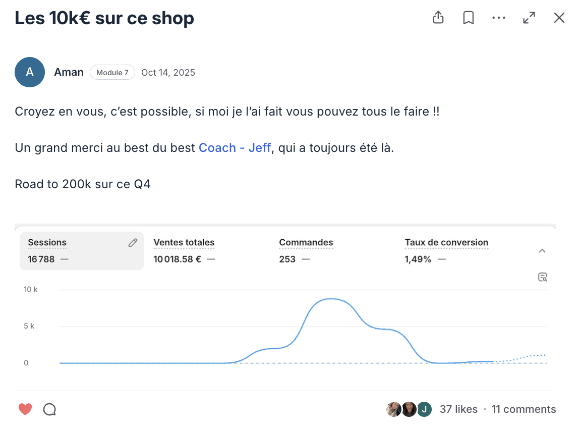 Post de la communauté Ecom Accelerator : résultat partagé par un élève