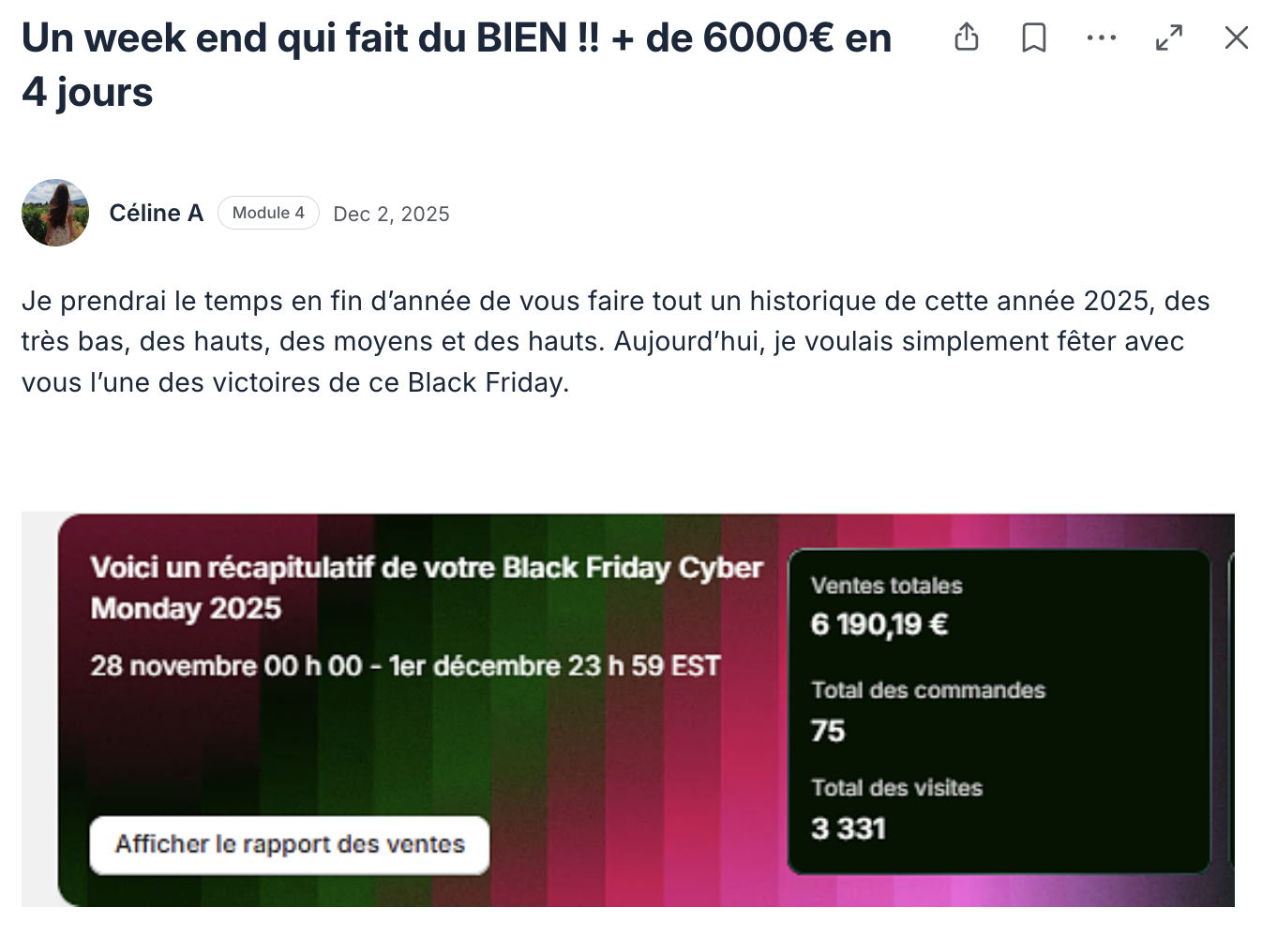 Post de Céline : plus de 6 000€ en 4 jours sur le Black Friday