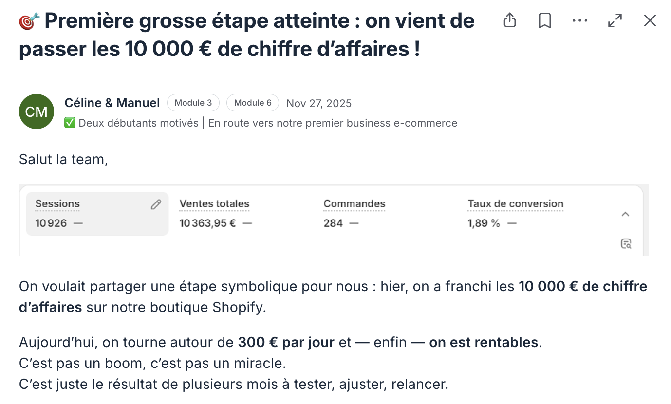Post de Céline et Manuel : les 10 000€ de chiffre d'affaires franchis