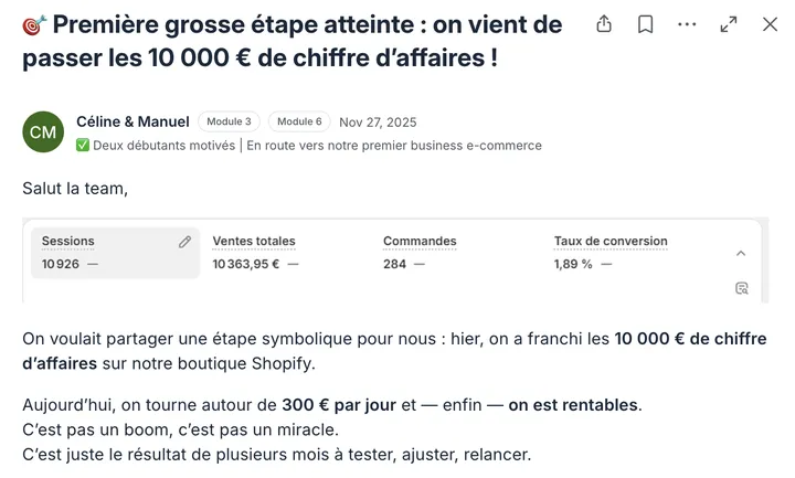 Post de Céline et Manuel : les 10 000€ de chiffre d'affaires franchis