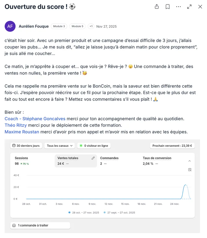 Post de la communauté Ecom Accelerator : résultat partagé par un élève