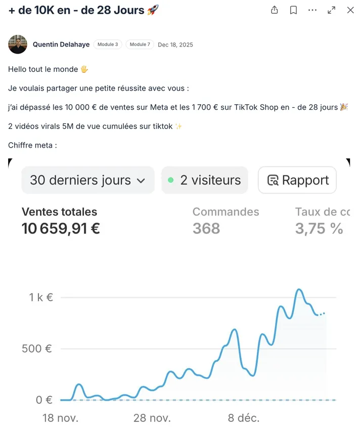 Post de Quentin Delahaye : plus de 10 000€ de ventes en moins de 28 jours
